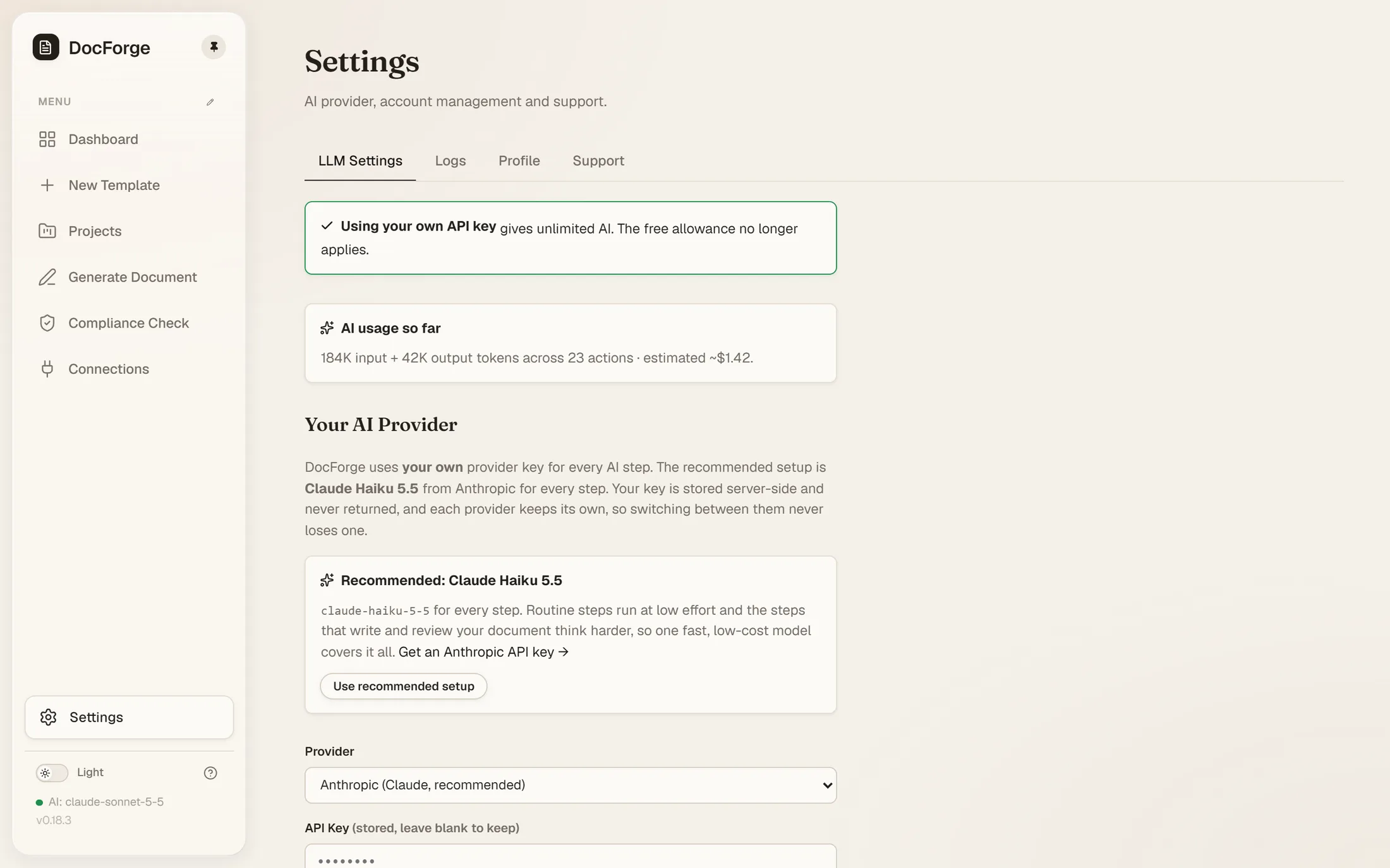 AI provider settings with a server-side stored key