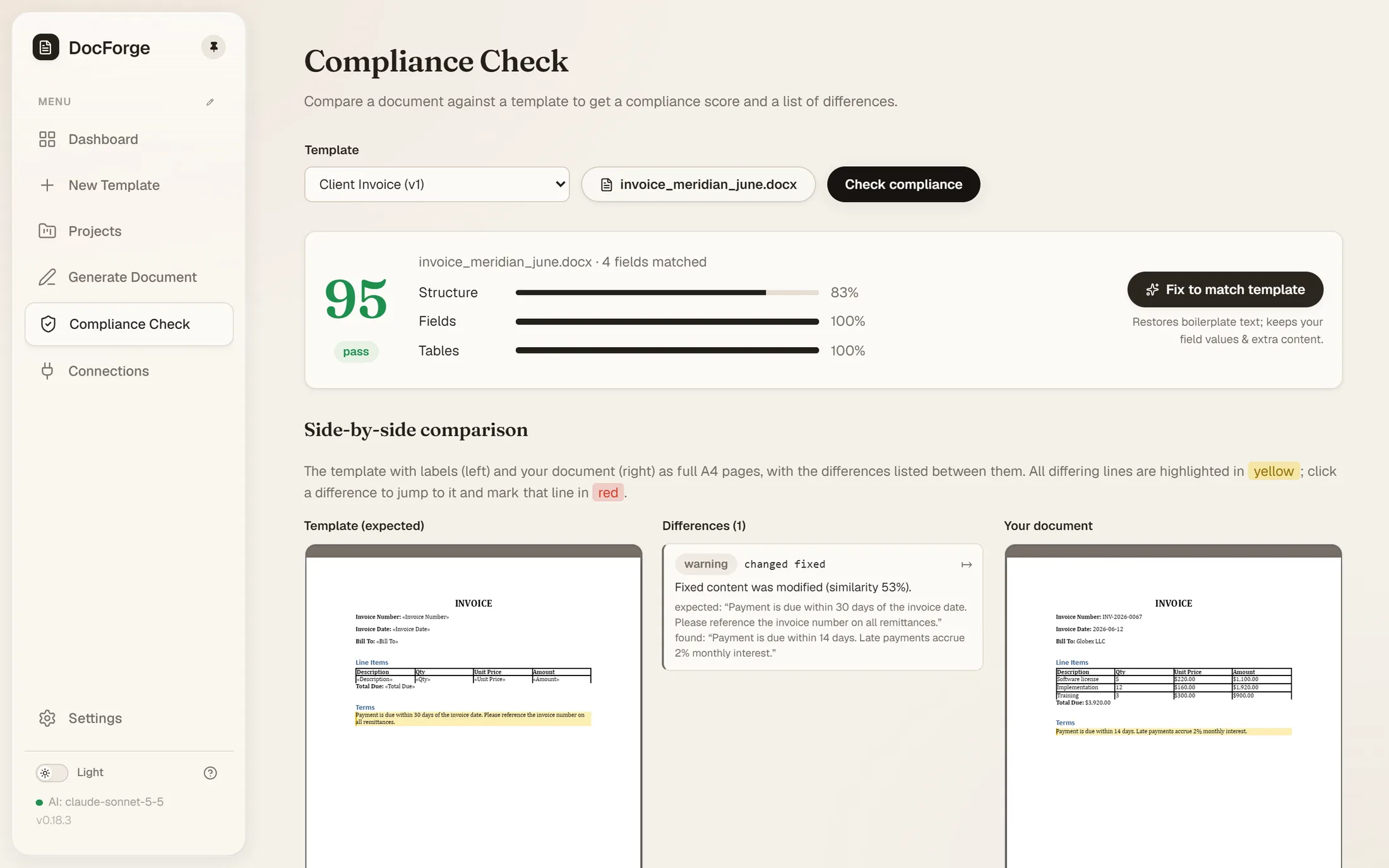 A compliance report with score and highlighted differences