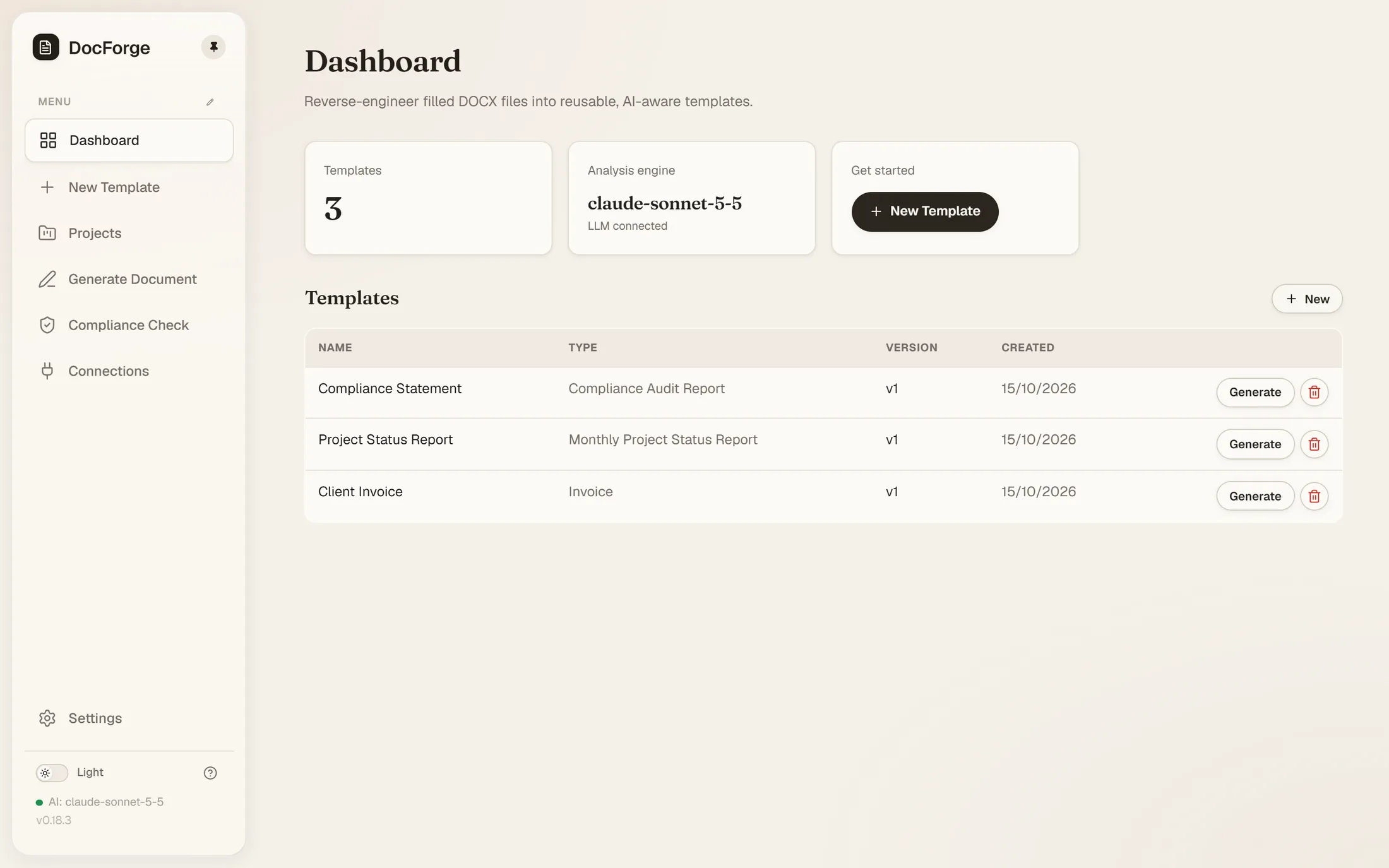 The DocForge dashboard with templates and projects