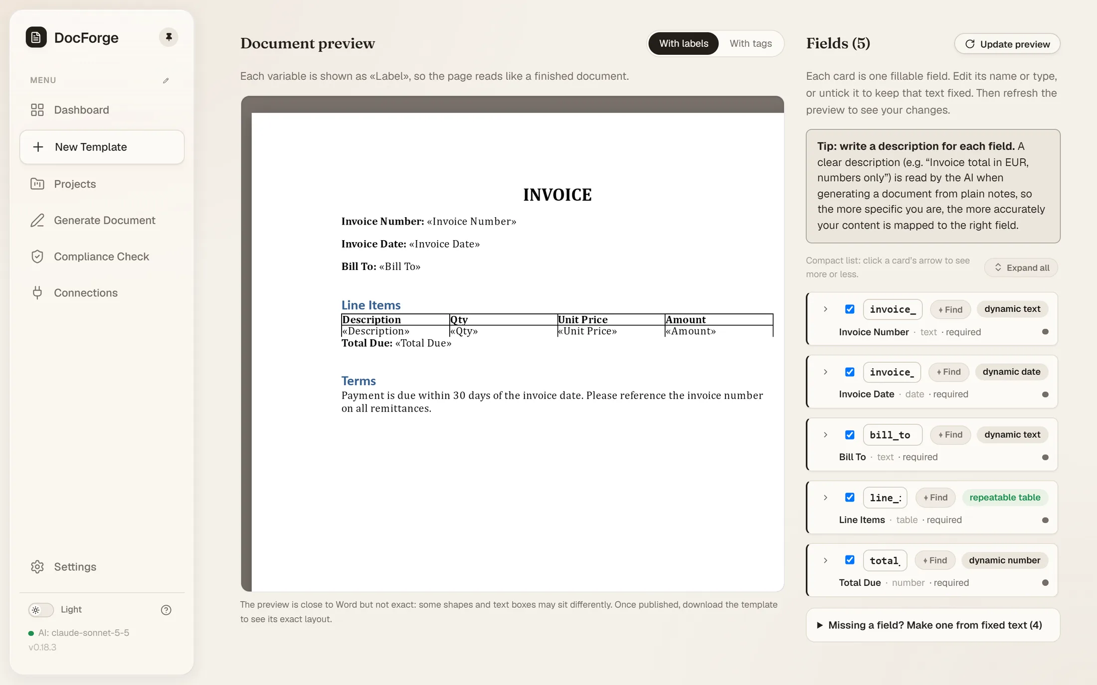 Detected fields next to a live Word preview